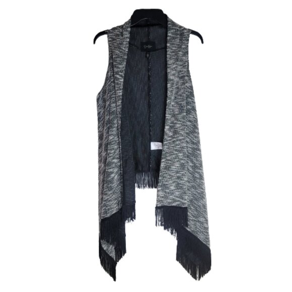 Jessica Simpson Black White Marl Fringe-Hem Vest Open Front Boho - Picture 2 of 10